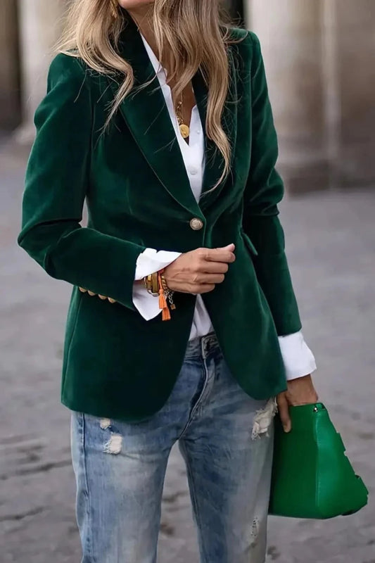 One Button Lapel Collar Long Sleeve Blazer - ShalayeFashion