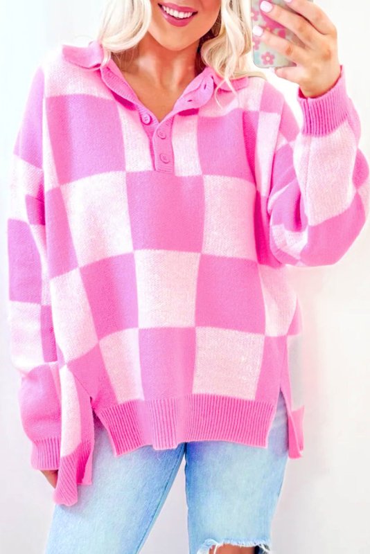 Pink Checkerboard Collared Sweater - ShalayeFashion