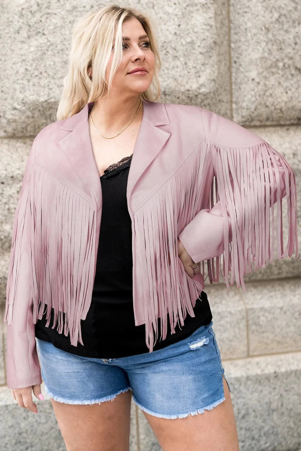 Plus Size Fringe Open Front Jacket - ShalayeFashion