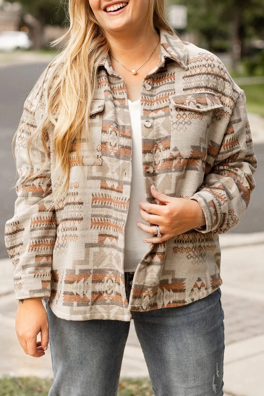 Plus Size Geometric Collared Neck Long Sleeve Jacket - ShalayeFashion