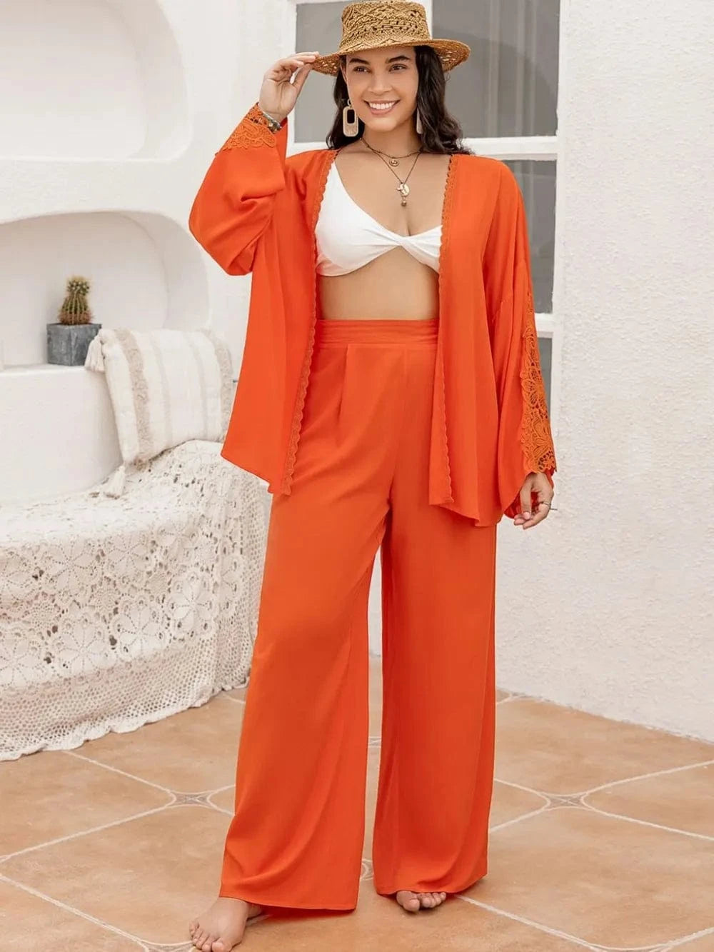 Plus Size Lace Detail Long Sleeve Top and Pants Set - ShalayeFashion