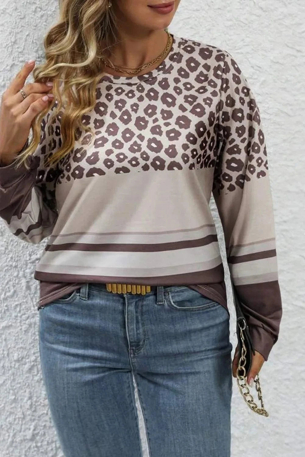Plus Size Leopard Round Neck Long Sleeve Top - ShalayeFashion