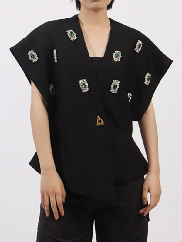 Plus Size Rhinestone Relaxed Fit Vest Coat - ShalayeFashion