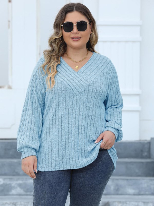 Plus Size Ribbed V - Neck Long Sleeve Top - ShalayeFashion