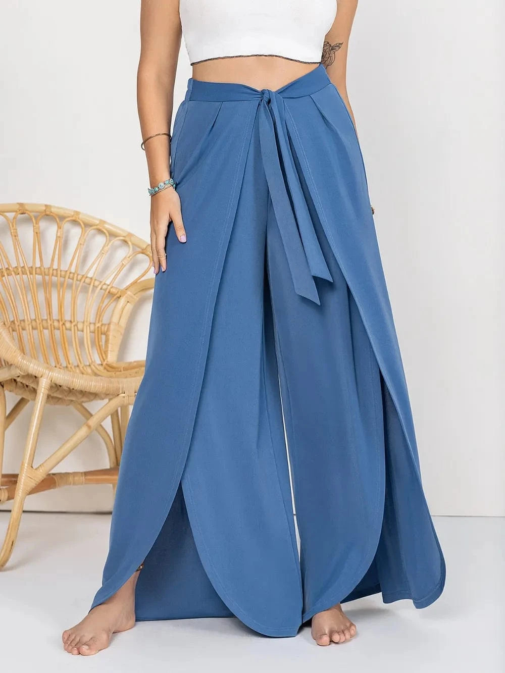 Plus Size Tied Slit Wide Leg Pants - ShalayeFashion