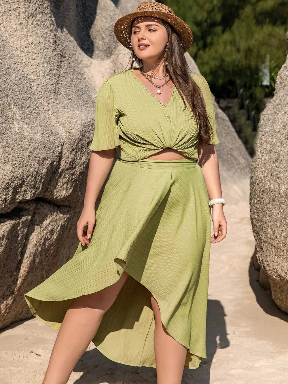 Plus Size V - Neck Half Sleeve Top and High - Low Skirt Set - ShalayeFashion