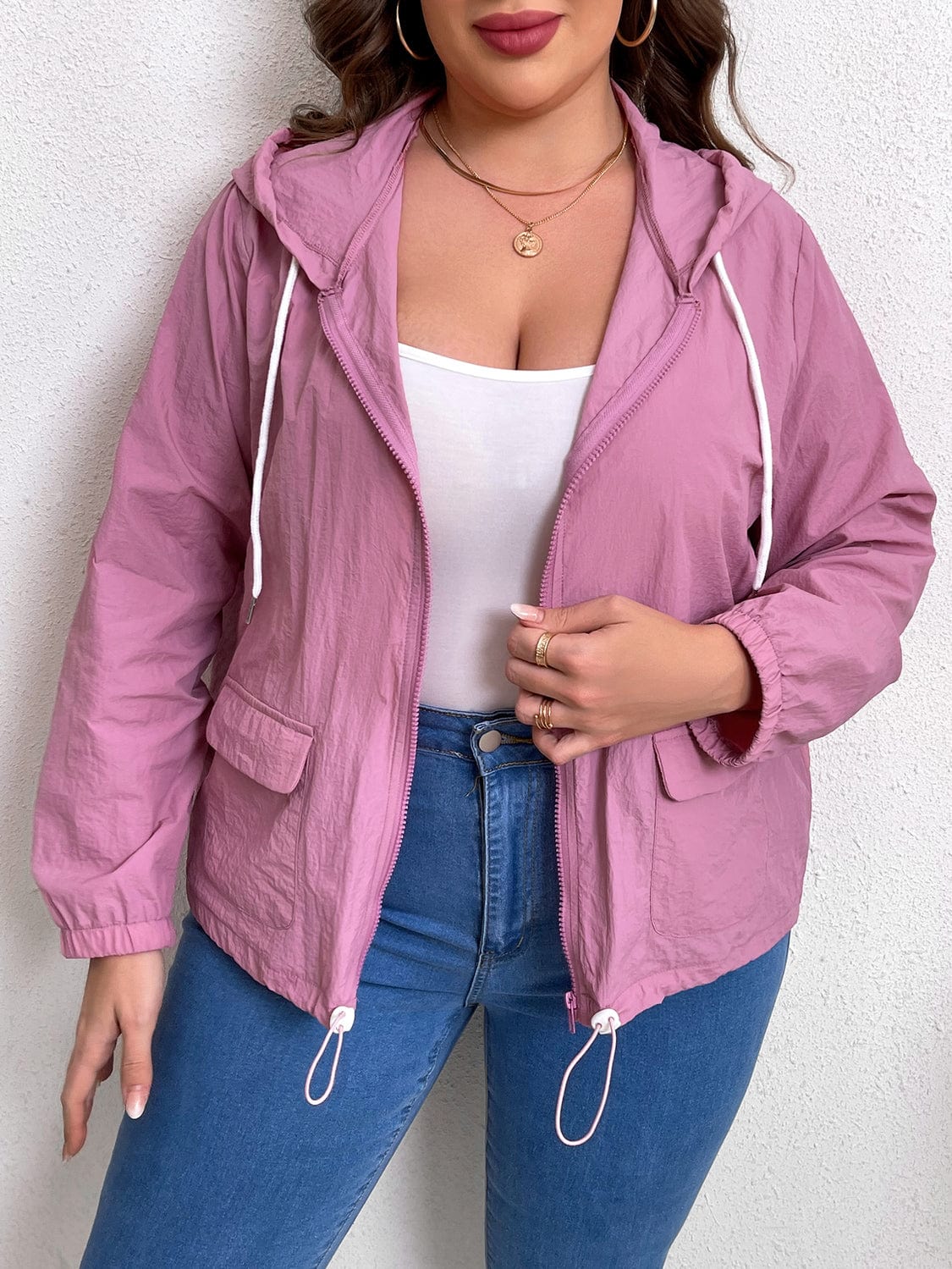 Plus Size Zip - Up Drawstring Hooded Jacket with Pockets - ShalayeFashion