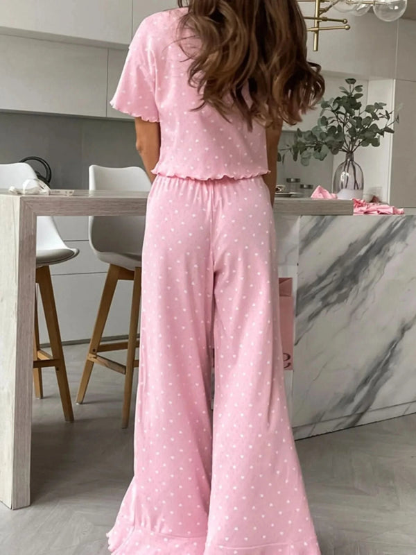 Polka Dot Round Neck Top and Pants Lounge Set - ShalayeFashion
