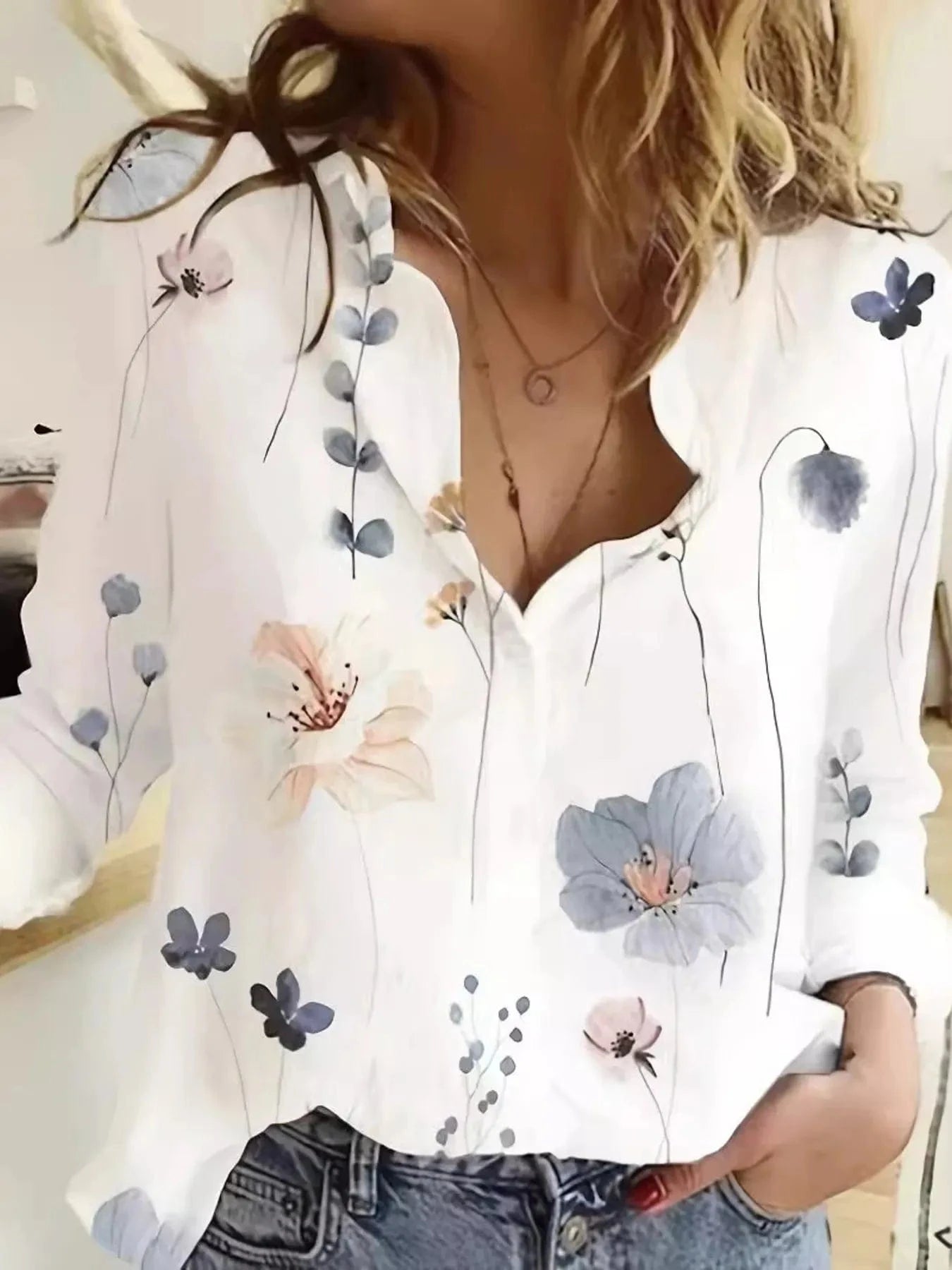 Printed Long Sleeve Blouse - ShalayeFashion
