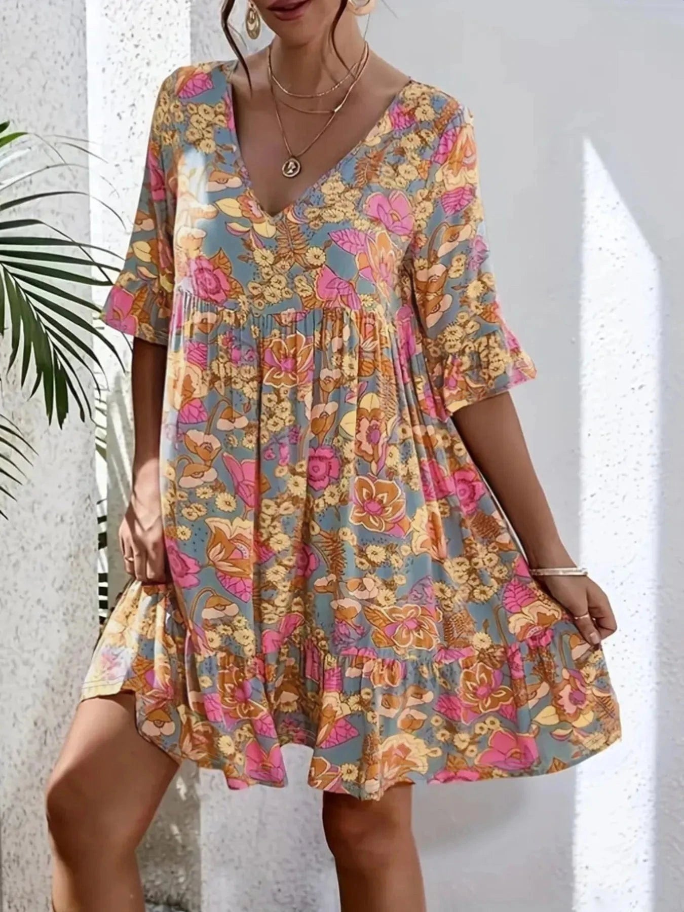 Printed V - Neck Tiered Dress - ShalayeFashion