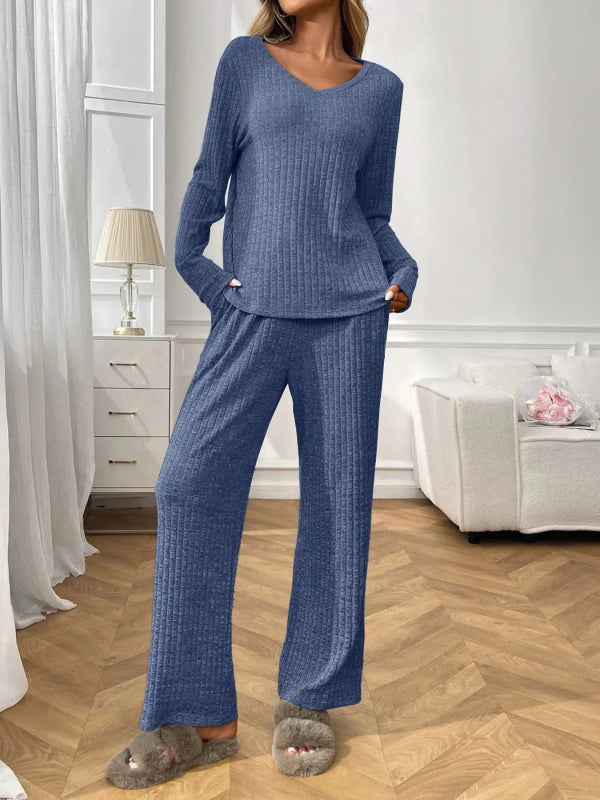 Ribbed Long Sleeve Top and Pants Lounge Set - ShalayeFashion