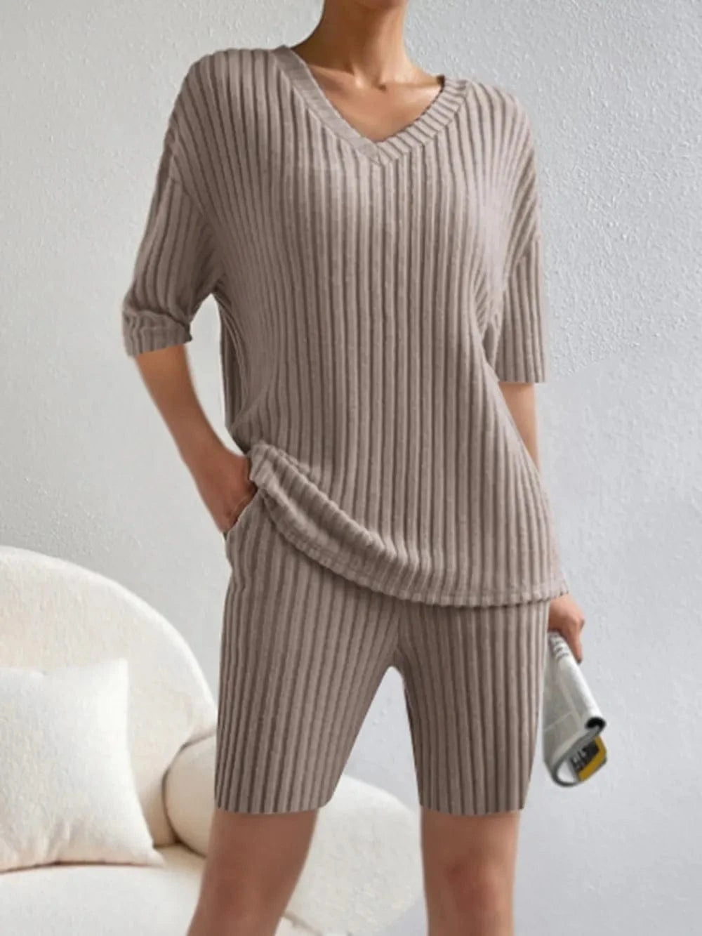 Ribbed V - Neck Top and Shorts Set - ShalayeFashion