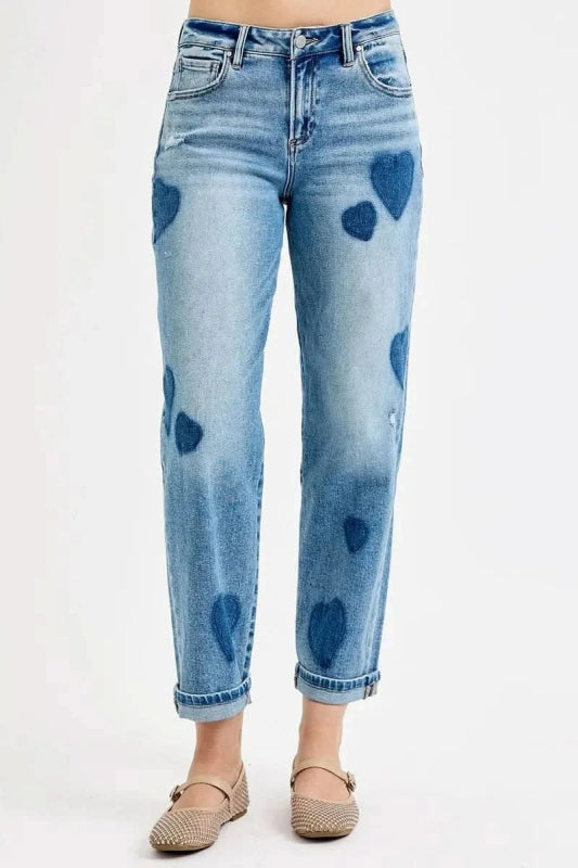 RISEN Full Size Mid Rise Fit - boyfriend Heart Shade Jeans Plus Size - ShalayeFashion