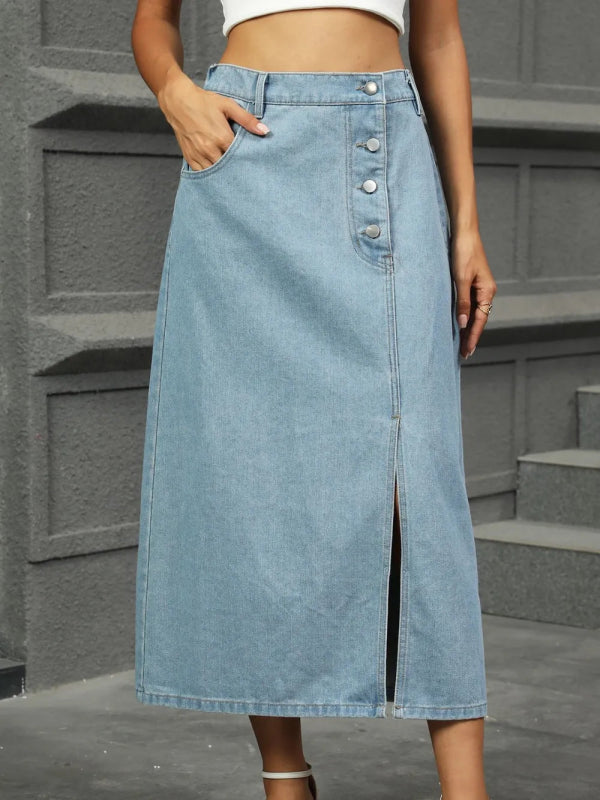 Slit Button Detail Denim Midi Skirt - ShalayeFashion