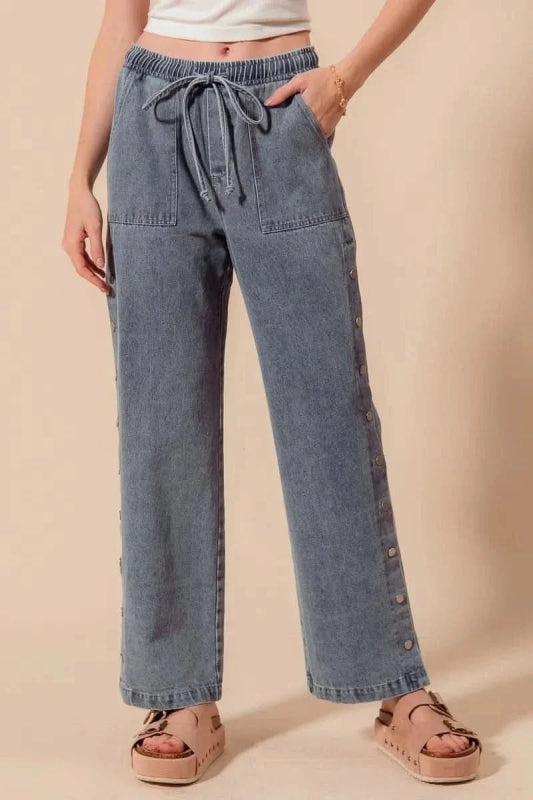 SO ME Mid Rise Drawstring Jeans with Side Snap Button - ShalayeFashion