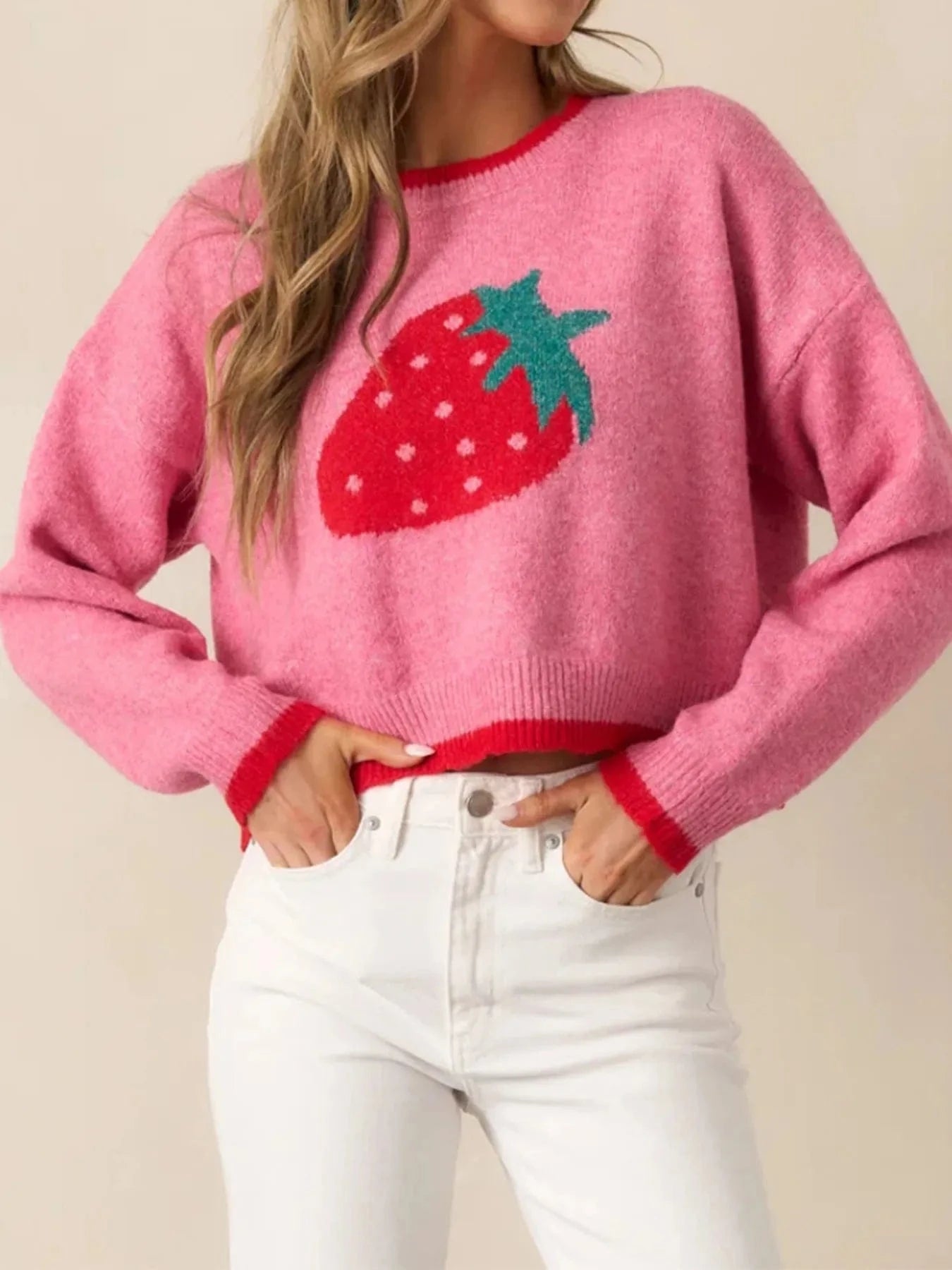 Strawberry Round Neck Long Sleeve Sweater - ShalayeFashion