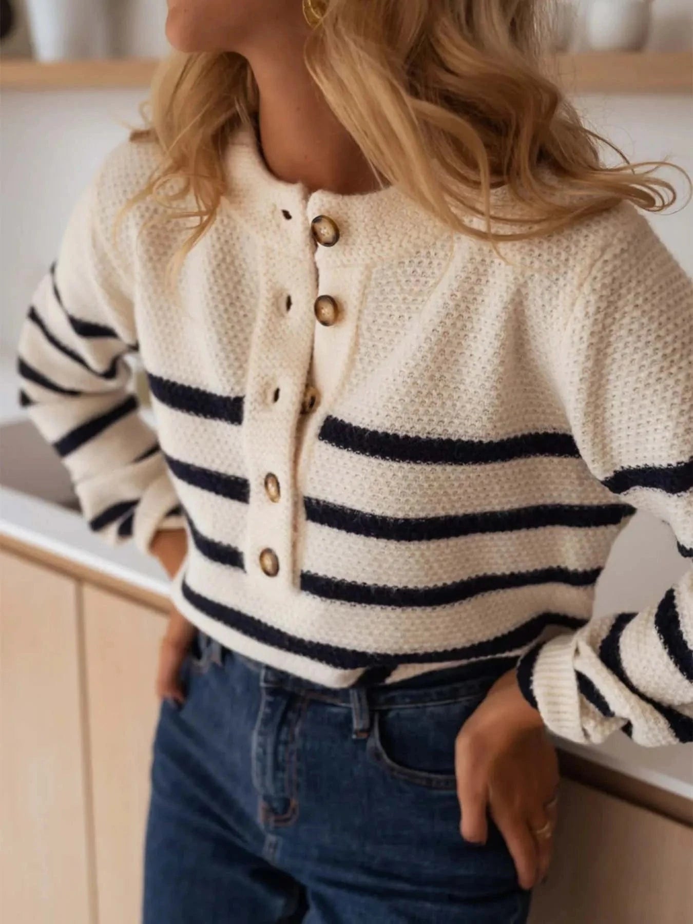 Striped Button - Front Sweater - ShalayeFashion