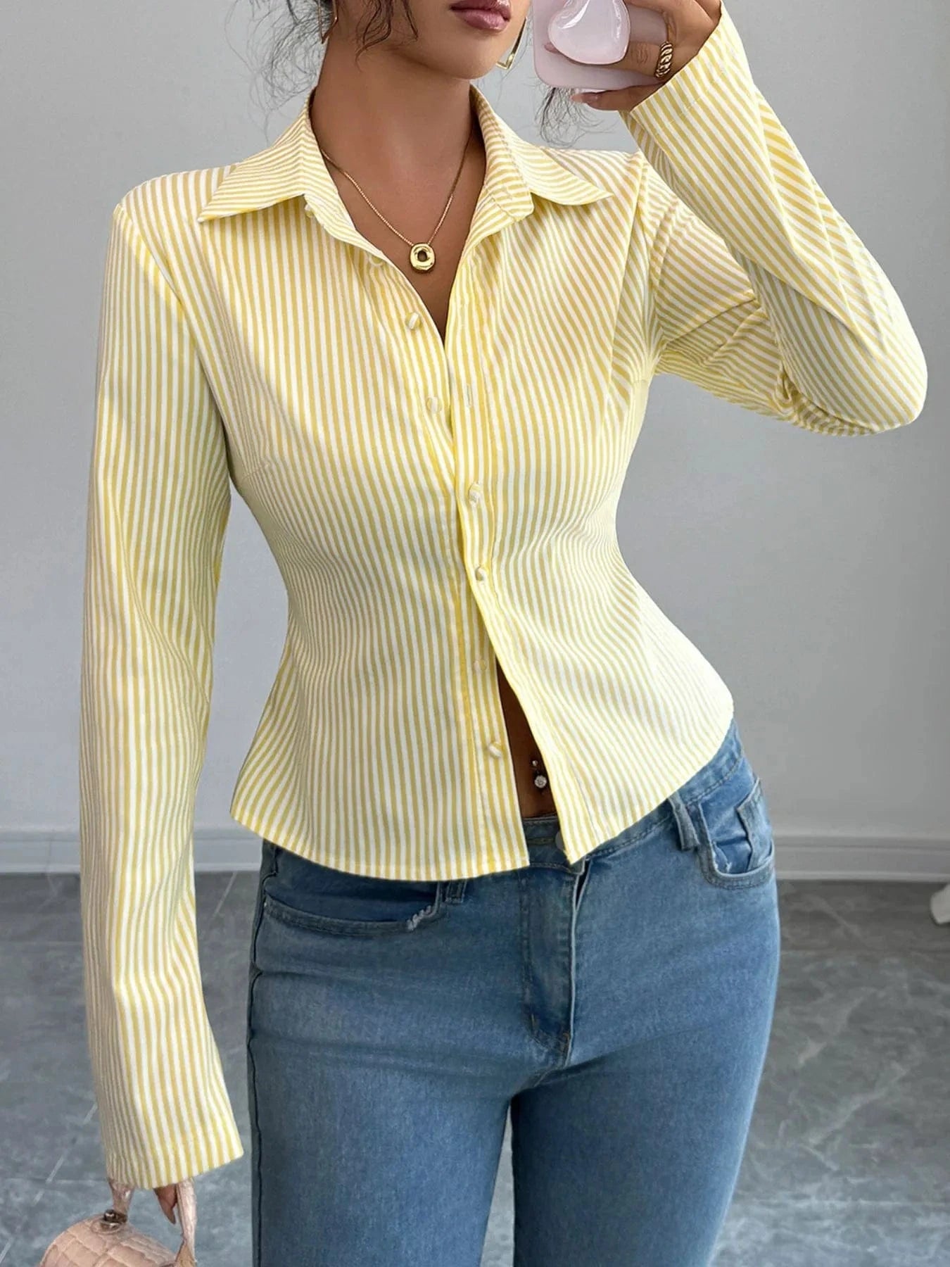 Striped Button - Up Long Sleeve Shirt - ShalayeFashion