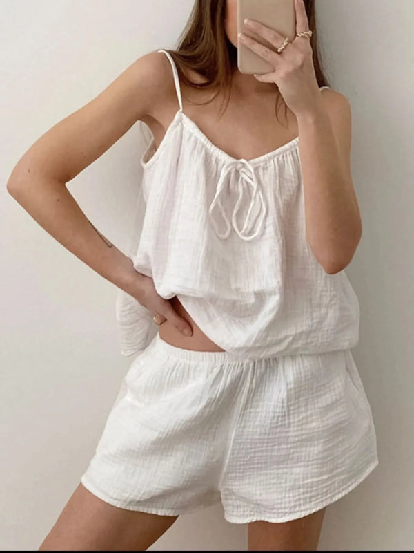 Tie Front Cami and Shorts Lounge Set - ShalayeFashion