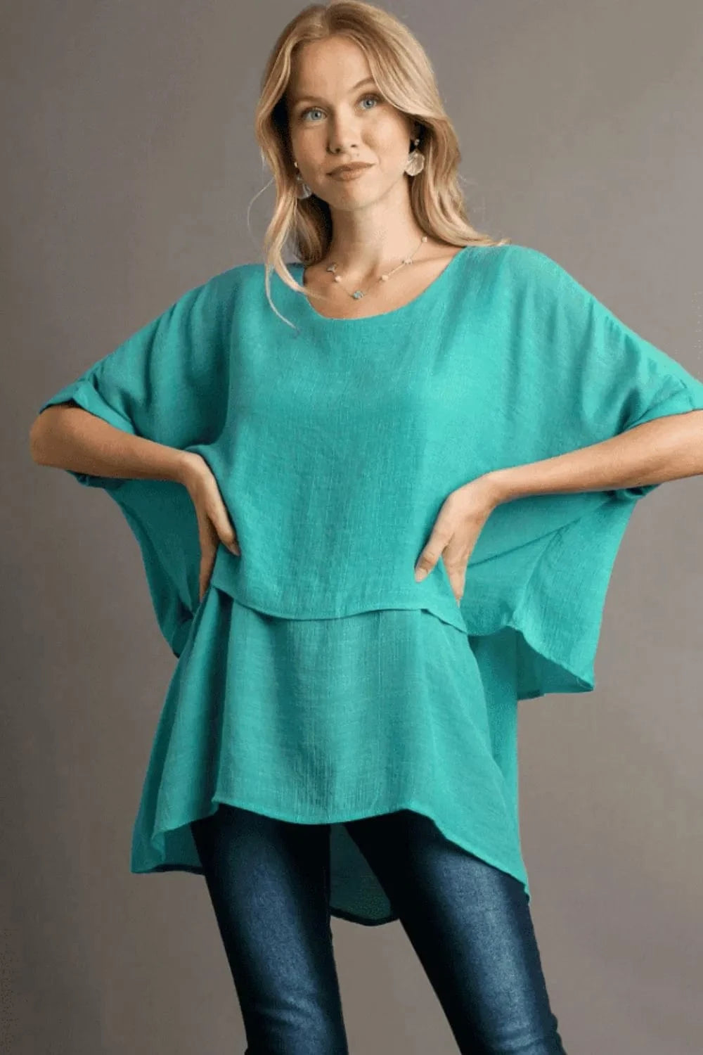 Umgee Full Size Cuffed Half Sleeve Layered Top Plus Size - ShalayeFashion