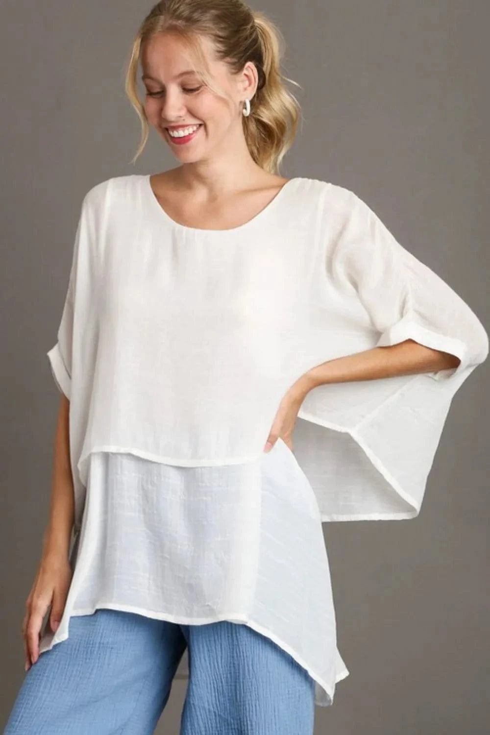 Umgee Full Size Cuffed Half Sleeve Layered Top Plus Size - ShalayeFashion