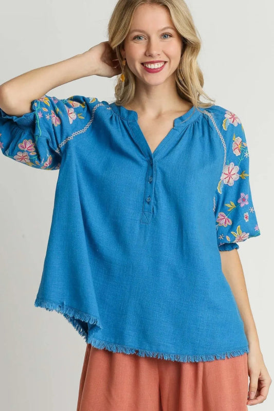 Umgee Full Size Half Button Top with Embroidery Sleeves Plus Size - ShalayeFashion