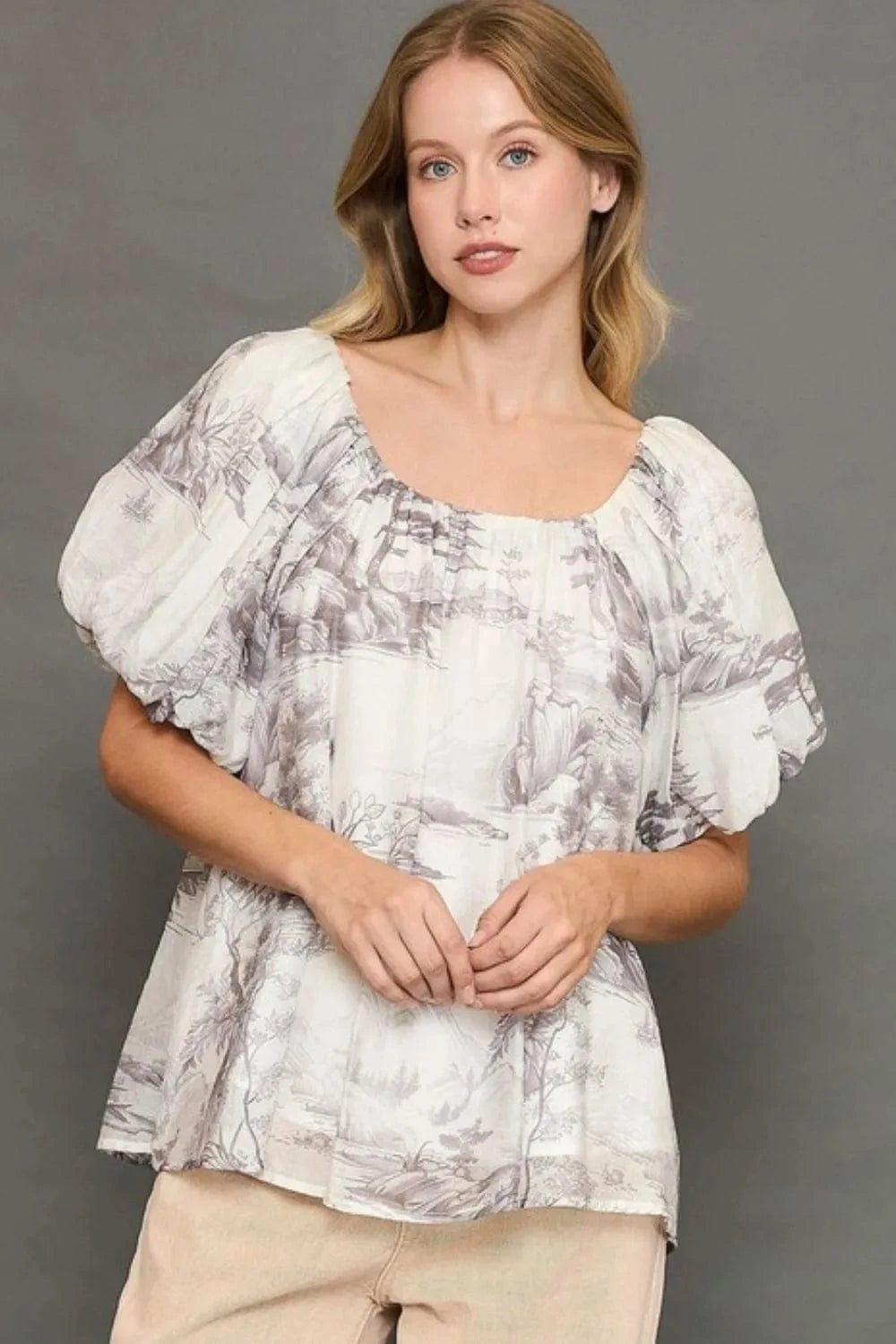 Umgee Full Size Two Tone Toile Print Top Plus Size - ShalayeFashion
