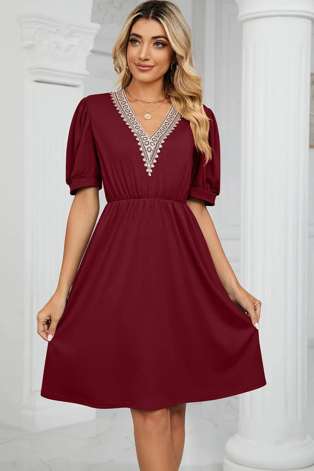 V - Neck Puff Sleeve Dress - ShalayeFashion
