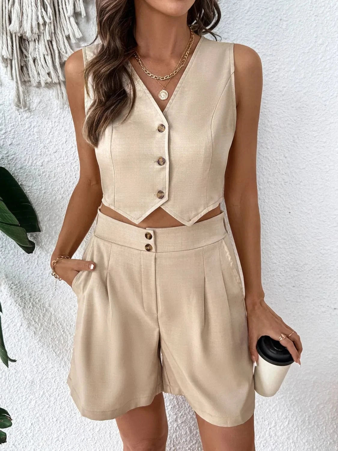 V - Neck Vest and Shorts Set - ShalayeFashion