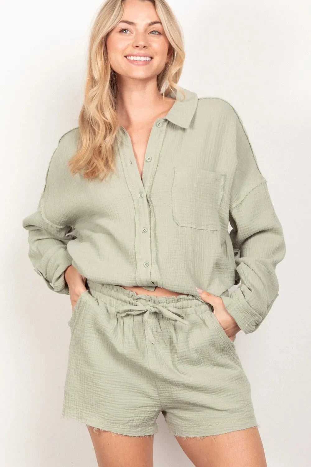 VERY J Texture Button Up Shirt and Shorts Set - ShalayeFashion