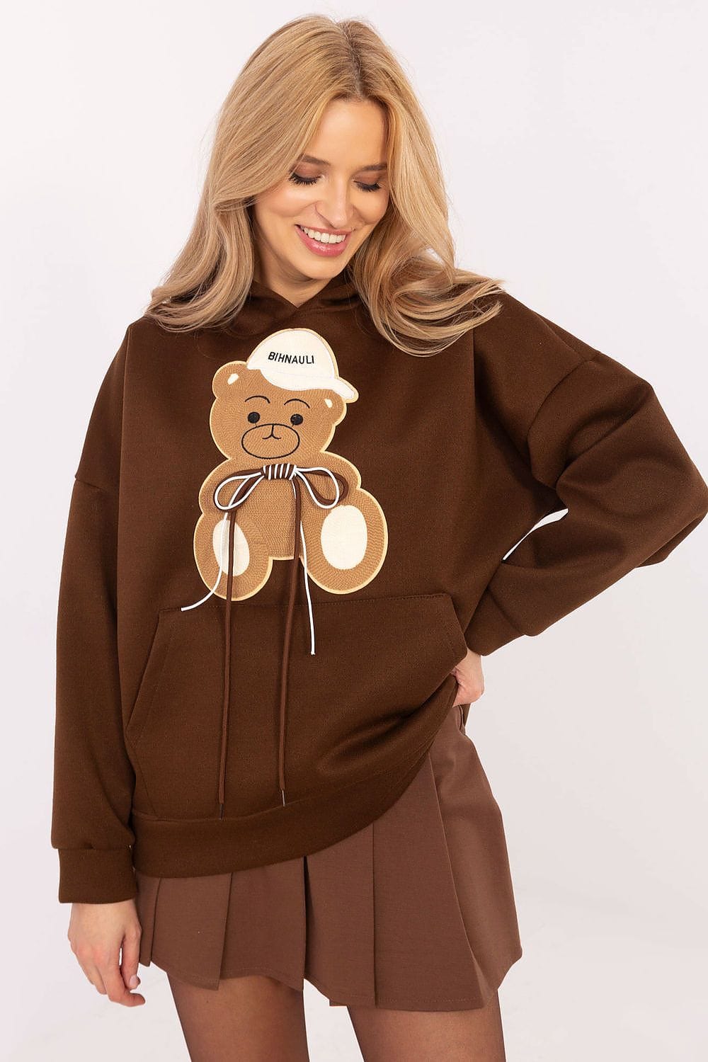 Women Hoodie Teddy Bear Patch Pocket - ShalayeFashion