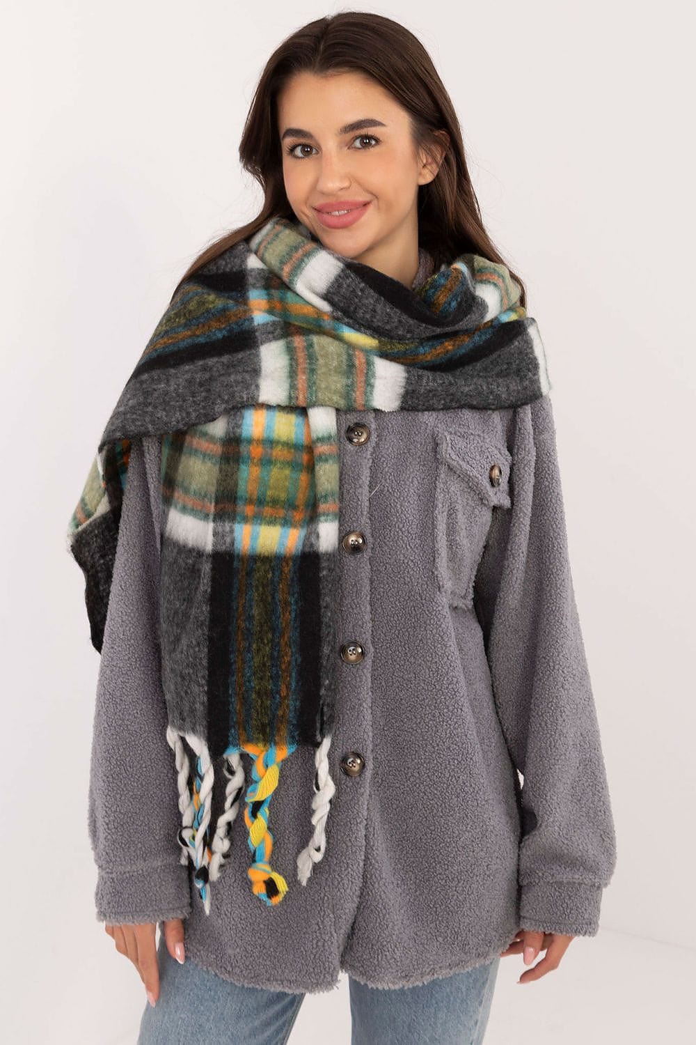Women's Check Pattern Polyester Scarf Tassels 182cm - ShalayeFashion