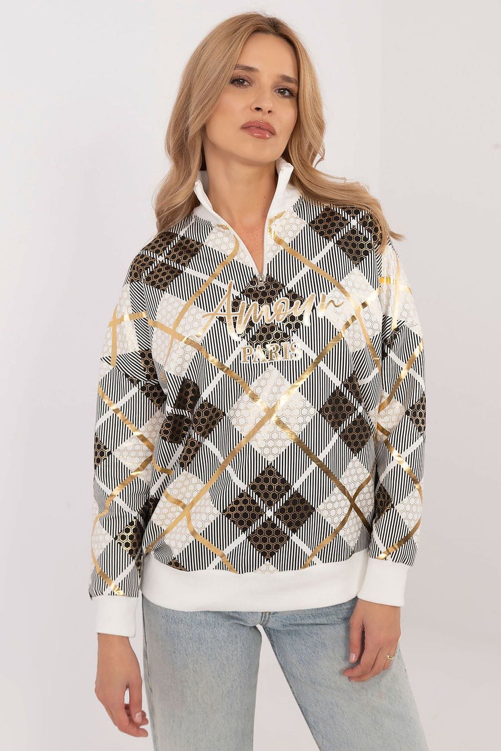 Women’s Checked Zip Collar Sweatshirt - ShalayeFashion