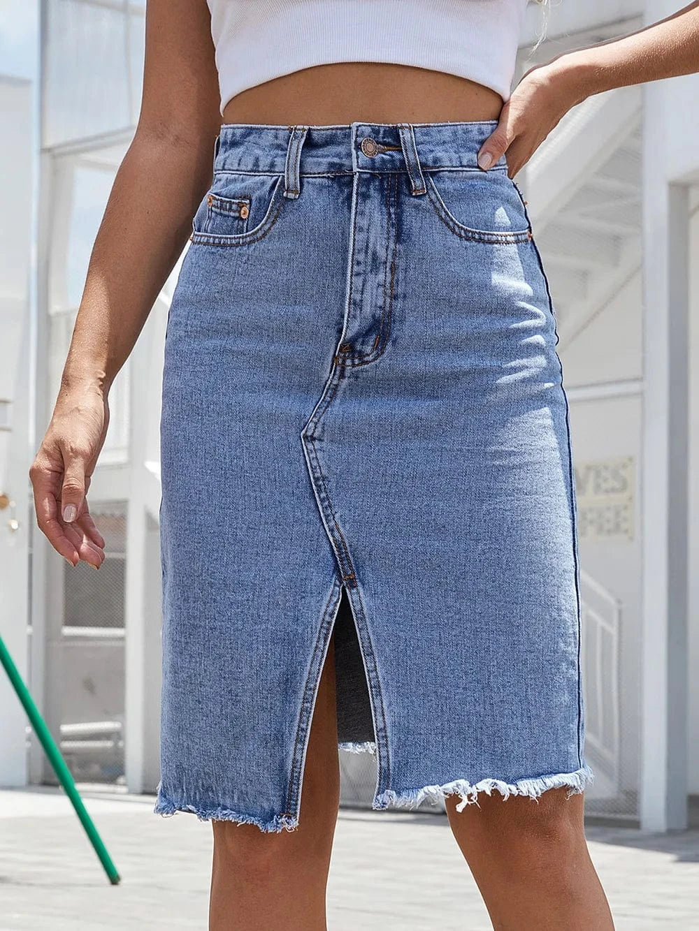 Women’s Distressed Raw Hem Jean Skirt - ShalayeFashion