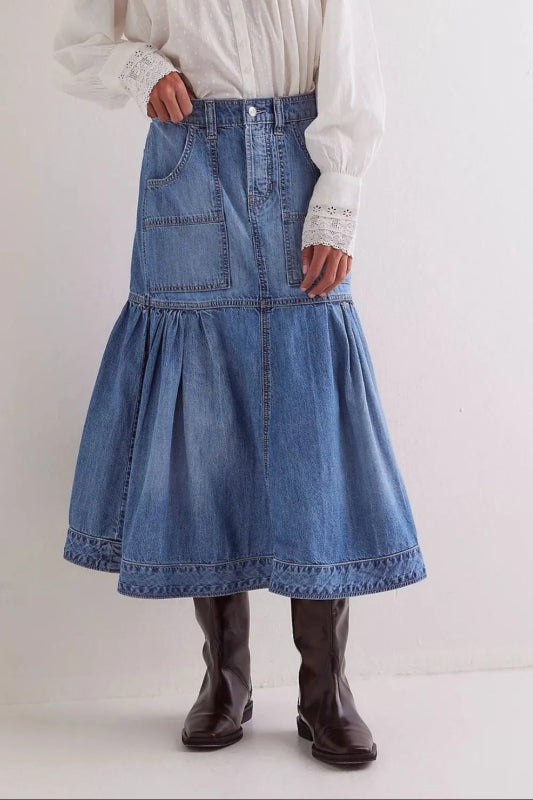 Women’s Midi Denim Skirt with Pockets - ShalayeFashion