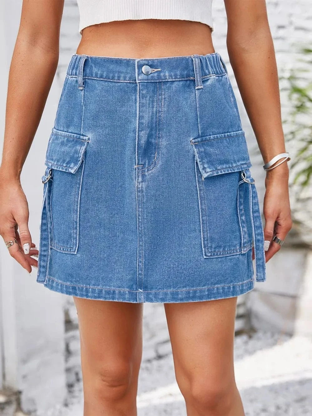 Women’s Pocketed Button Denim Skirt - ShalayeFashion