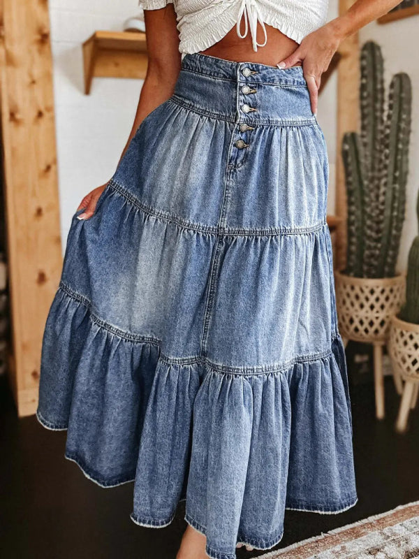 Women’s Tiered Button Fly Denim Skirt - ShalayeFashion