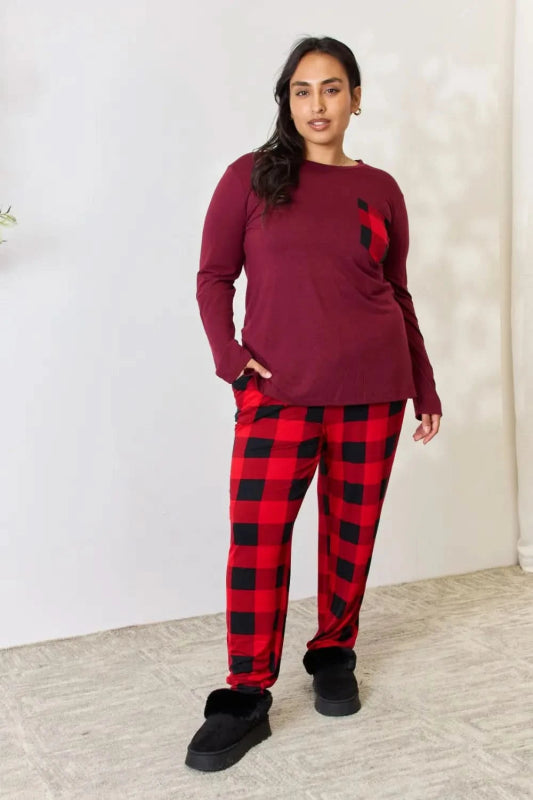 Zenana Full Size Plaid Round Neck Top and Pants Pajama Set - ShalayeFashion