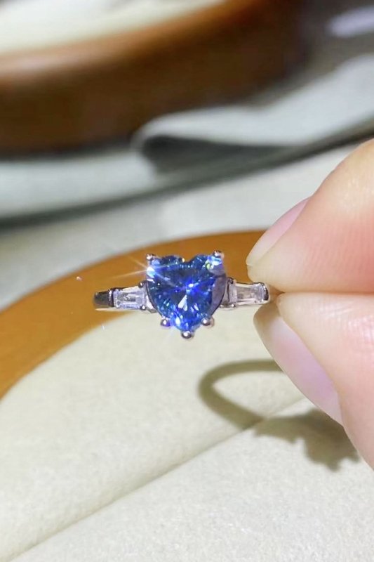 1 Carat Moissanite Heart - Shaped Platinum - Plated Ring in Blue - ShalayeFashion