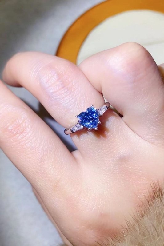 1 Carat Moissanite Heart - Shaped Platinum - Plated Ring in Blue - ShalayeFashion