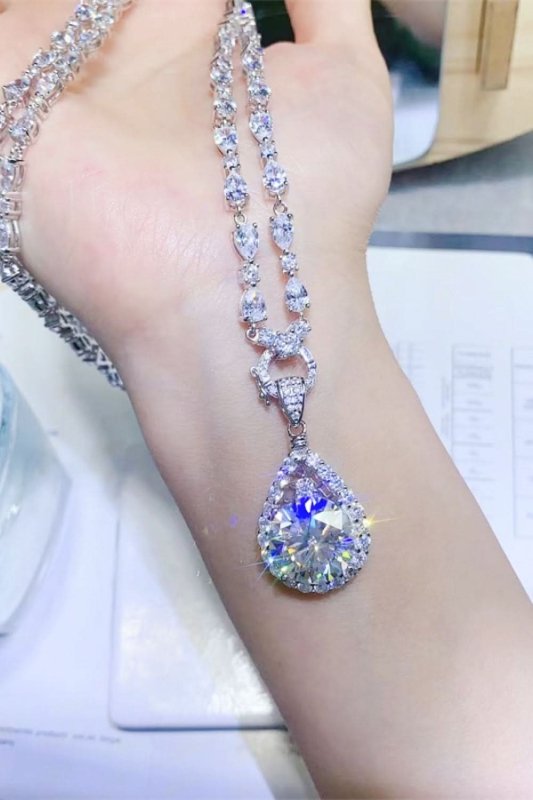 10 Carat Moissanite Teardrop Pendant Platinum - Plated Necklace - ShalayeFashion