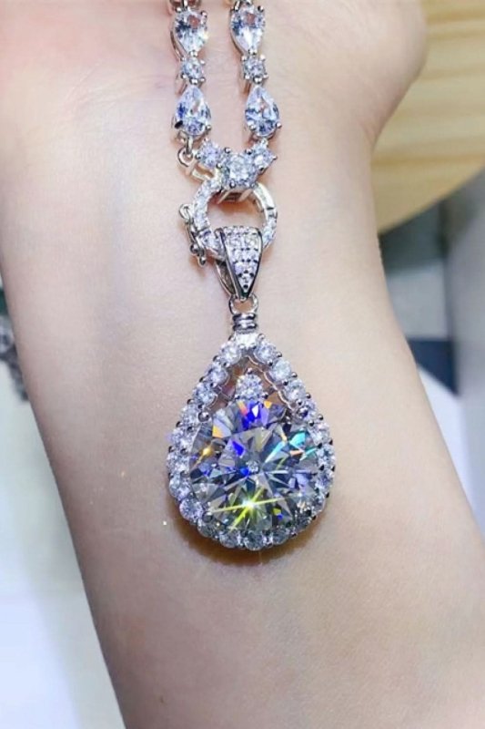 10 Carat Moissanite Teardrop Pendant Platinum - Plated Necklace - ShalayeFashion