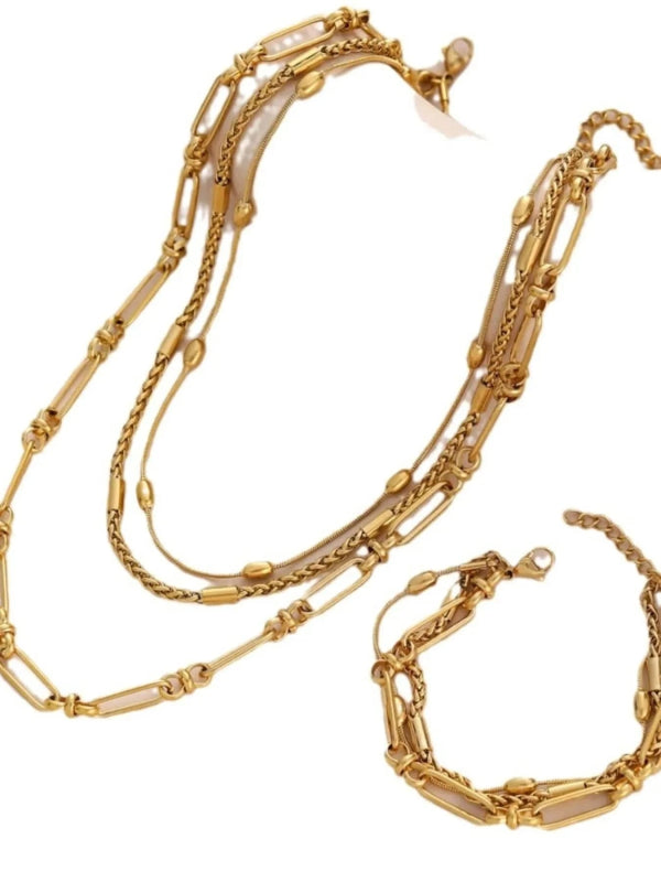 18K Gold - Plated Layered Chain Necklace and Bracelet Jewelry Set - ShalayeFashion