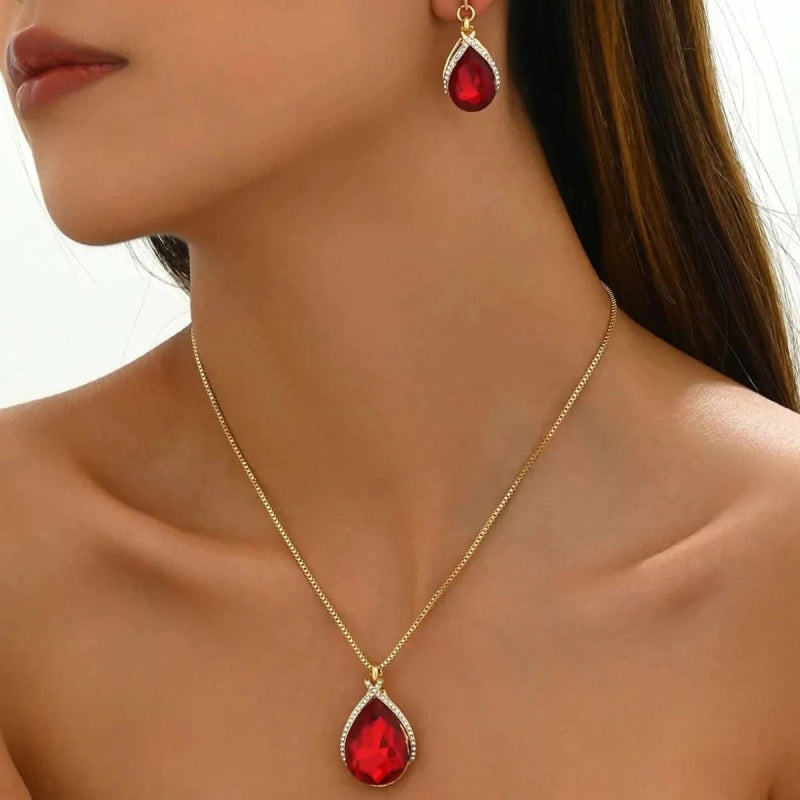 18K Gold - Plated Rhinestone Teardrop Necklace and Earrings Jewelry Set - ShalayeFashion