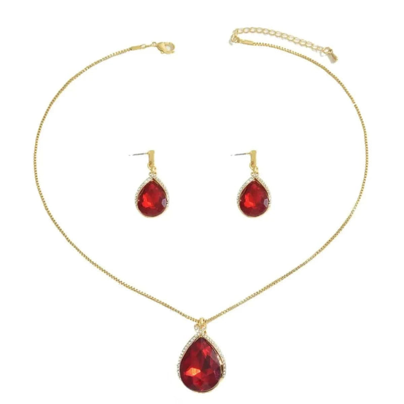 18K Gold - Plated Rhinestone Teardrop Necklace and Earrings Jewelry Set - ShalayeFashion