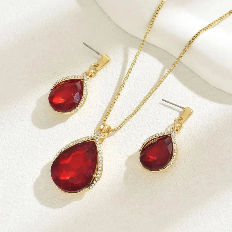 18K Gold - Plated Rhinestone Teardrop Necklace and Earrings Jewelry Set - ShalayeFashion