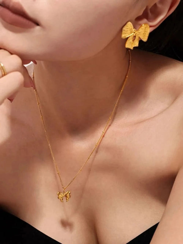 18K Gold - Plated Stainless Steel Bow Earrings and Necklace Set - ShalayeFashion