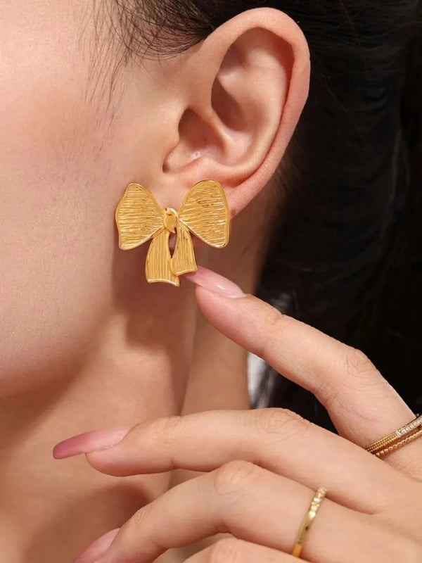 18K Gold - Plated Stainless Steel Bow Earrings and Necklace Set - ShalayeFashion