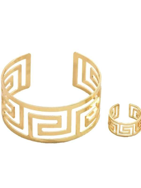 18K Gold - Plated Stainless Steel Geometric Bracelet and Ring Jewelry Set - ShalayeFashion