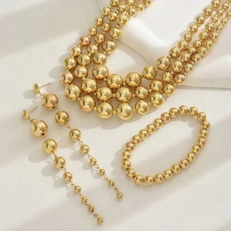 18K Stainless Steel Beaded Multi - Layered Necklace Bracelet Earrings Jewelry Set - ShalayeFashion
